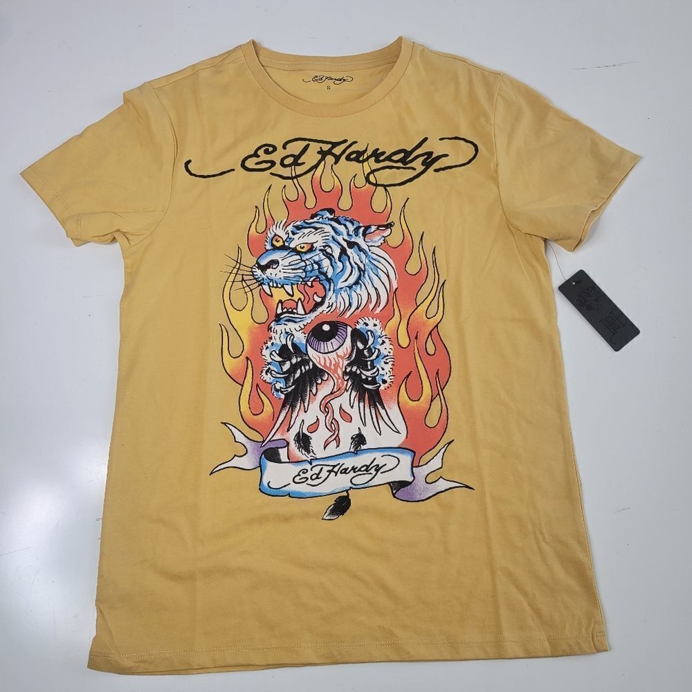 NEW ED HARDY FIRE EVIL EYE TIGER GOLD GRAPHIC TSHIRT S SMALL NWT